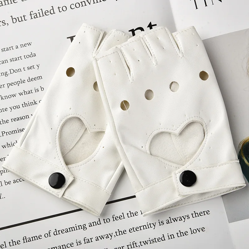 Women Fashion PU Leather Half Finger Gloves Heart Hollow Fingerless Gloves for Boy Dance for pu leather gloves