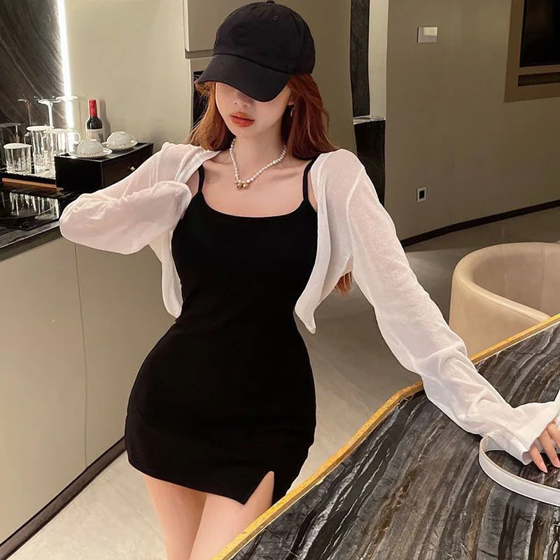 Xpqbb 여성용 블랙 화이트 자외선 차단 가디건, 긴 소매 얇은 시스루 크롭 탑, 심플한 단색 가디건, 여름