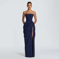 Robe plissée élégante sans bretelles jaune pour femme, chic, sans manches, cintrée à la taille, fendue, longue, pour soirée, collection 2026 3