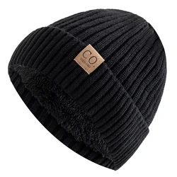 Unisex Two-Tone Fur-Lined Fashion Beanie - Warm Winter Knitted Cap - 56cm-60cm (Black)