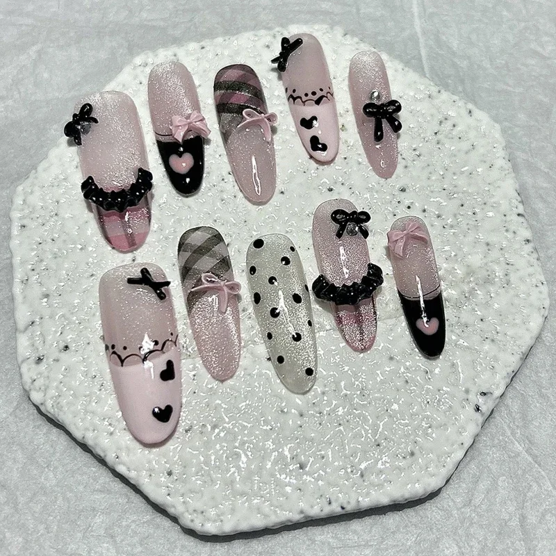 Elegant Black and Pink Handmade Press-On Nails with French Almond Design and Cute Bow Accents