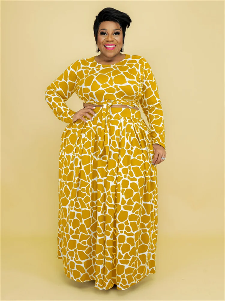 Wmstar Plus Size Women Clothing Skirts Matching Sets 2 Piece Outfits Crop Top Long Sleeve Maxi Big Swing  Wholesale Dropshipping