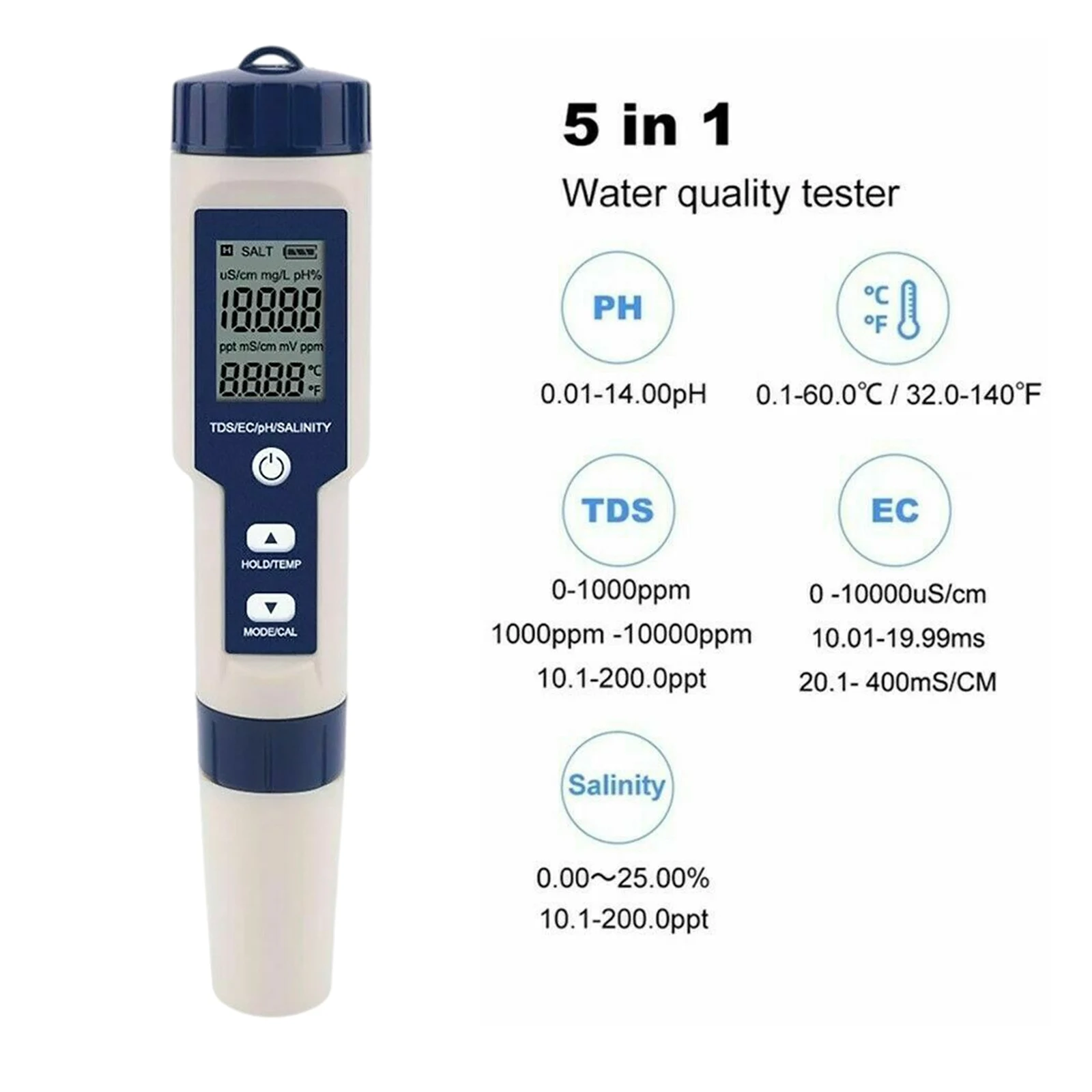 

Digital Water Tester 5 In 1 PH/TDS/EC/Salinity/Temperature Tester Pen Waterproof Multi-Function Meter Professional