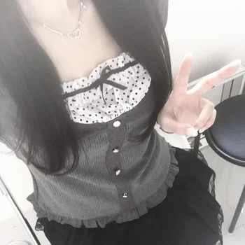 Y2K Polka Dot Print Contrast Patchwork Knitted Tops Grey Autumn Spring Cute Bow T-shirts Slim-fit Long Sleeve Knitwear 1