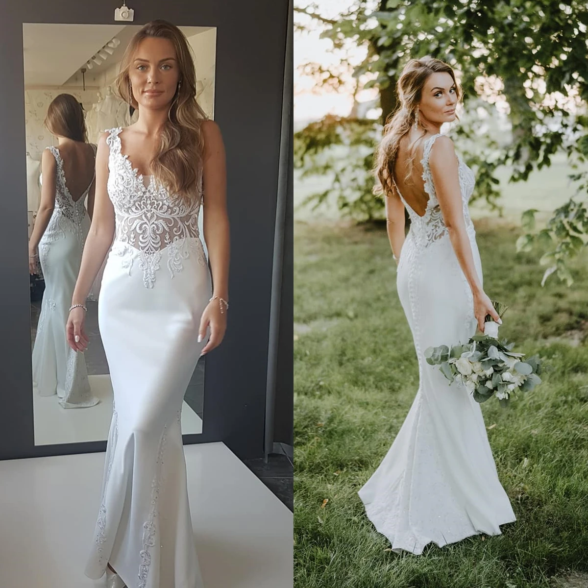 

Straps Backless Mermaid Wedding Dress Lace Applique V-Neck Illusion Summer Beach Bridal Gowns Sweep Train 2023 Robe De Mariee