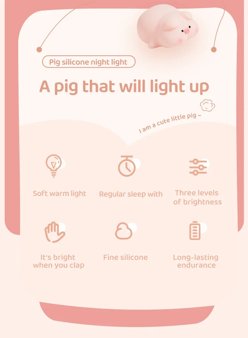 Description Picture 3 of itemSilicone Pig Table Lamp Led Night Light Rechargeable Nursery Mood Light Bedside Desk Bedroom Decoration Kid Birthday Gift Cute