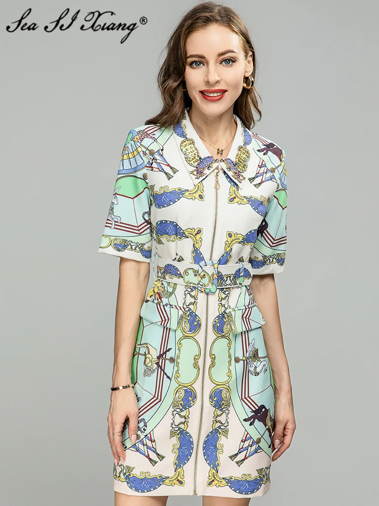 

Seasixiang Fashion Designer Spring Summer Women Dress Beading Turn-down Collar Short Sleeve Belt Vintage Print Mini Dresses