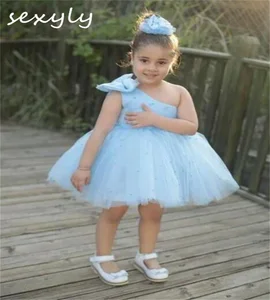 Beautiful Baby Blue Flower Girls Dresses 2024 One Shoulders Beaded Short Summer Girls Dress Tulle Custom baby dresses for eid
