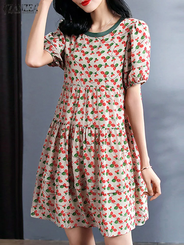 

ZANZEA Korean Fashion Short Sleeve Dress Casual Party A Line Vestidos Summer O-Neck Printing Dresses Elegant Holiday Sundress