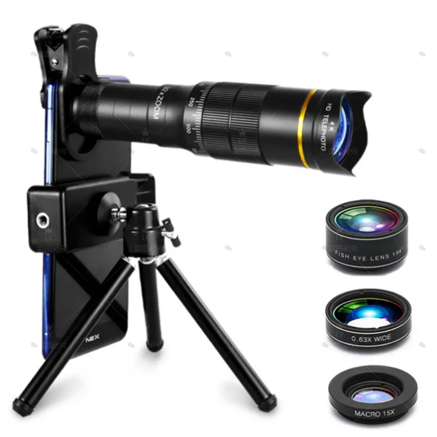 Télescope professionnel monoculaire 32x, Zoom HD, objectif de téléphone, téléobjectif d'appareil photo avec trépied, télescope métallique pour le tourisme et le Camping
