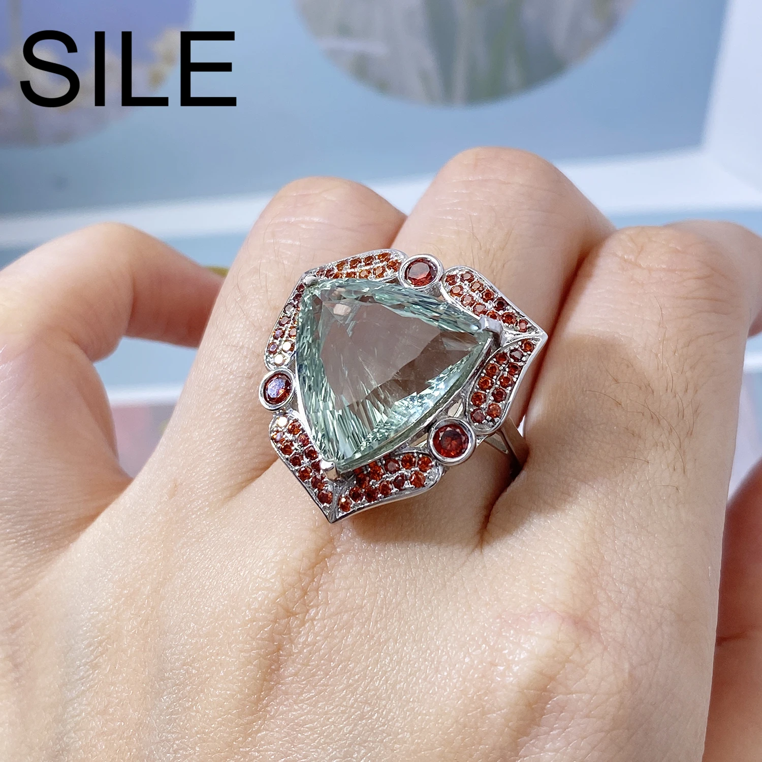 

SILE Triangle Green Crystal Inlay Rings Natural Gemstone Ring For Women 100% 925 Sterling Silver Fine Jewelry Luxury Party Gifts