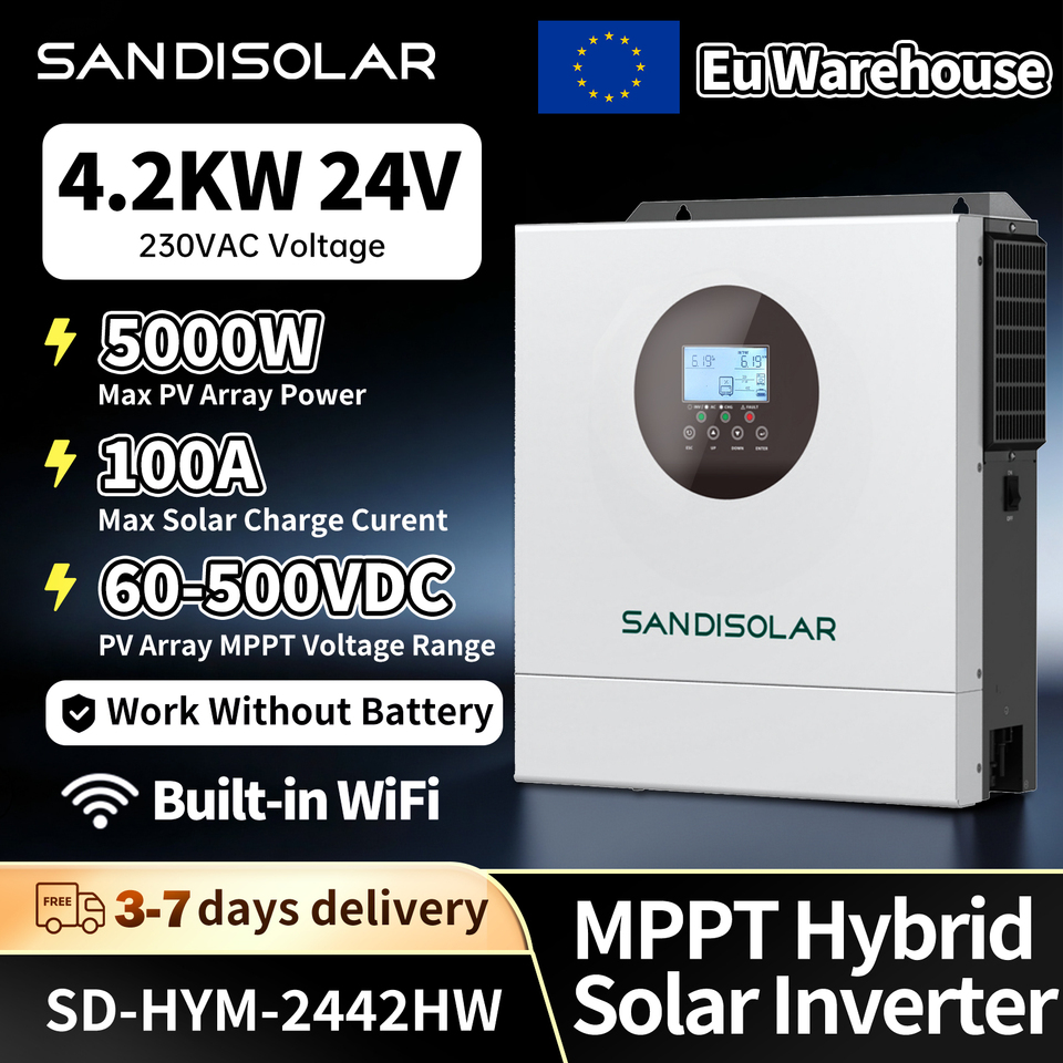 SANDISOLAR 4200W 4.2KW 24V Hybrid Solar Inverter Pure Sine Wave MPPT 100A Solar Charge Controller Off Grid 230VAC for Home Solar