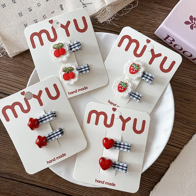 2pcs Girls Korean Red Heart Plaid Hairpins Strawberry Cherry Embroidery BB Clip Children Hair Clip Bangs Clip Hair Accessories
