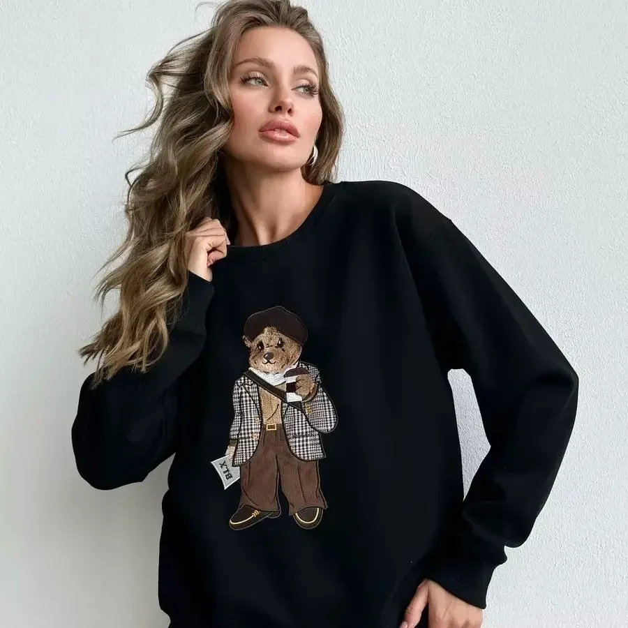 European American Cute Age Reduction Versatile Fun Printing Cartoon Autumn Winter New Round Neck Fleece Thickened Sweater Women