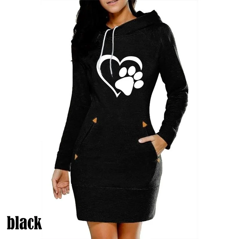 New Women's Hooded Cat Paw Print Long Sleeve Hoodie Casual Skirt Hooded Pullover Pocket Sweater Dress