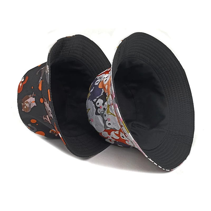 Bocca Cartoon Cat Bucket Hat Cute Animal Printing Pattern Fisherman Hats Double Sides Panama Cap For Men Women Outdo