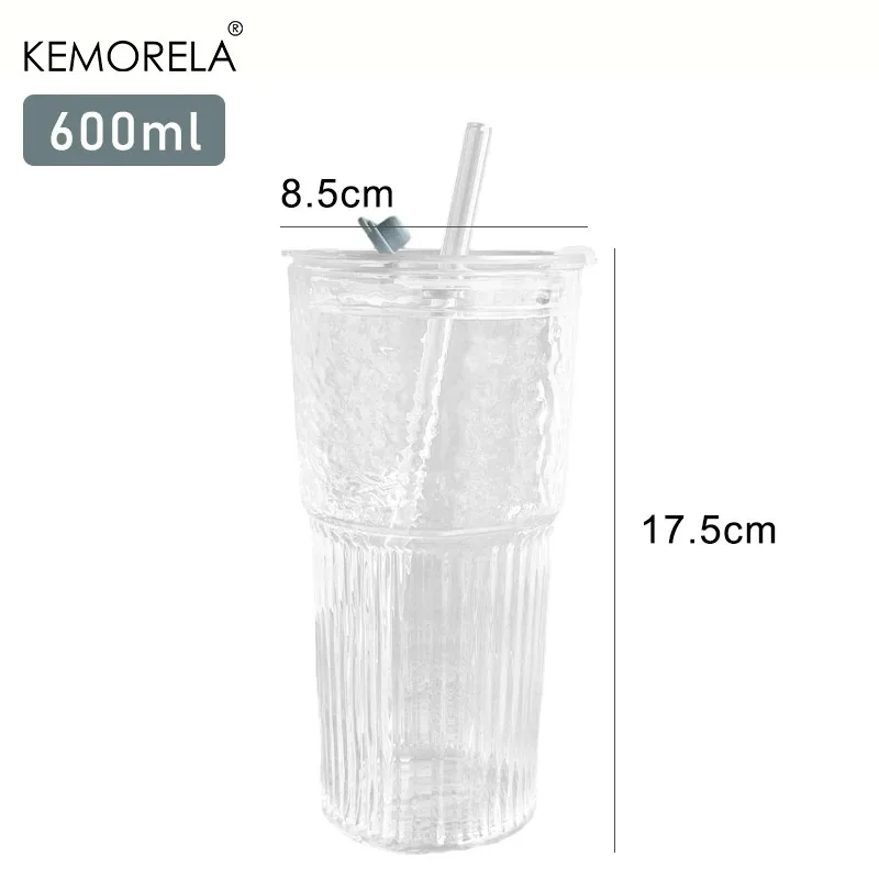 Set of 600ml Stripe Glass Cups with Lid and Straw – Ideal for Beverages and Iced Coffee