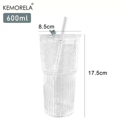 Set of 600ml Stripe Glass Cups with Lid and Straw - Ideal for Beverages and Iced Coffee (1PCS)