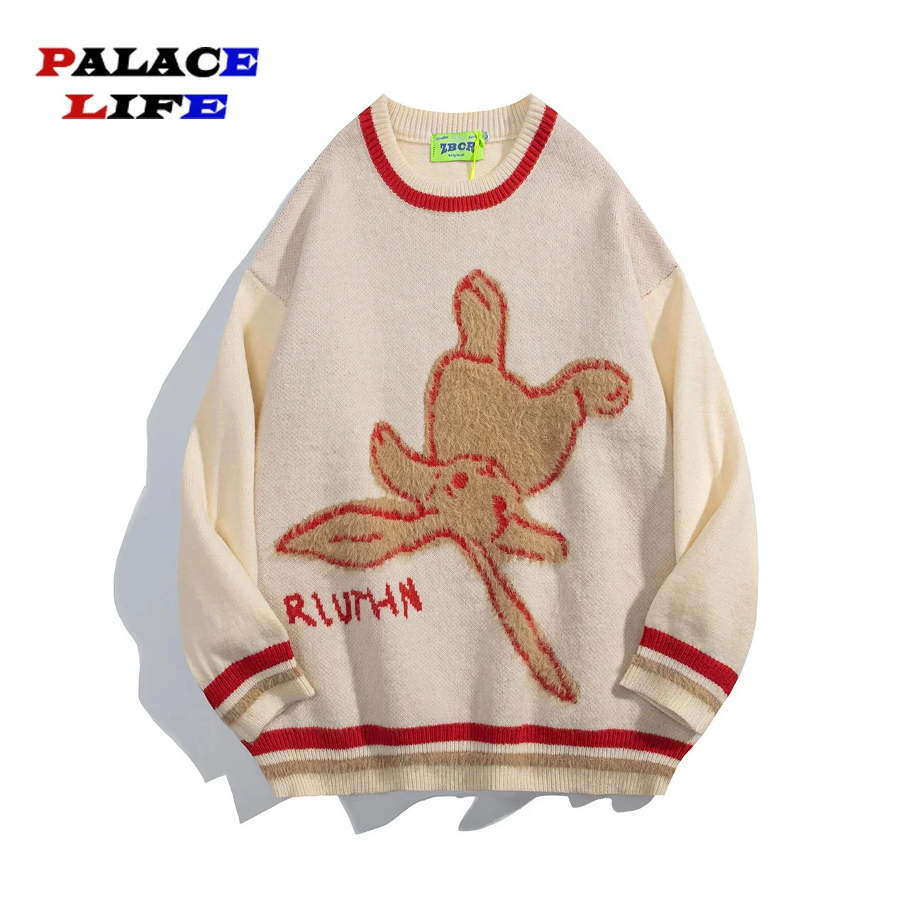 

Vintage Contrast Pullover Cartoon Rabbit Lazy Knit Sweaters Men Casual Streetwear Unisex Loose Women‘s Jumpers Mens Clothes New