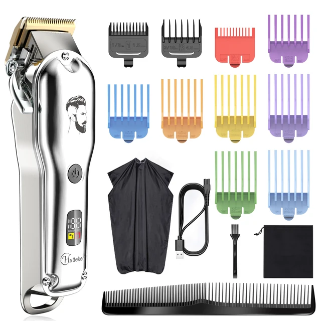HATTEKER Mens Hair Clippers&Trimmer Professional Barber Beard Cutting Grooming Kit with Hairdressing Cloak USB Rechargeable 1