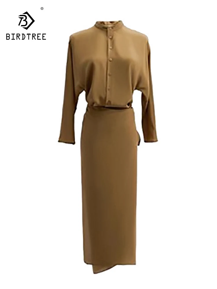 

Birdtree 18MM Real Silk Elastic Double Crepe Wrap Lace up Dress Women Solid Elegant Commute Dresses 2024 Spring Summer D41496QC