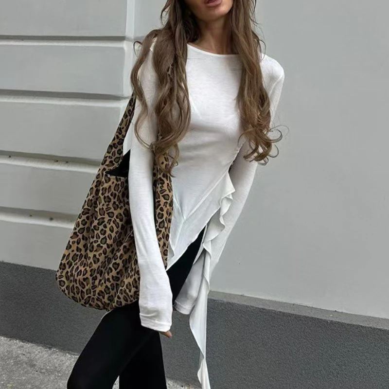 Irregular Tassel Women T-shirts Autumn Solid New Full Sleeve O-neck Shirring Slim Tops Female Wild Trend Street Clothing