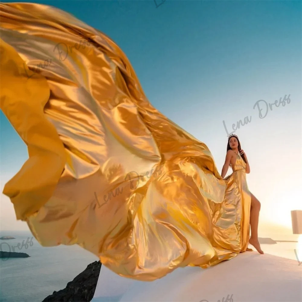 

Lena-Long Tail Ball Dress 2024 Gold Satin Party Dress V-neck Silk Tank Top De Noche