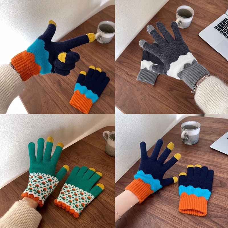 

2023 Women's Winter Touch Screen Gloves Fashion Full Finger Cashmere Knit Gloves Warm Thickened Couples Outdoor Cycling Gloves