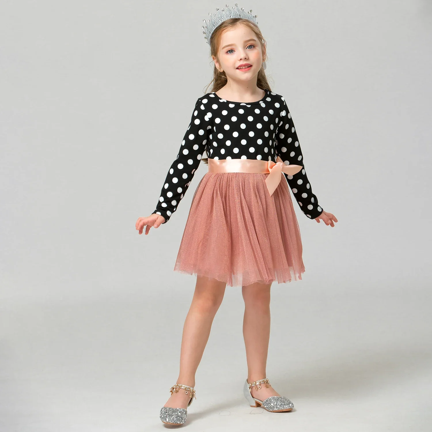 Long Sleeve Dress For Girl Polka Dot Bow Kid Clothes 2 3 4 5 6 Year Baby Tutu Birthday Outfit Party Wear Summer Dress Cloth