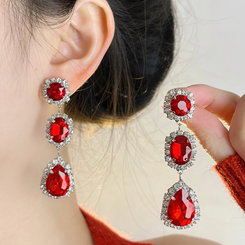 

Red Exaggerate Zircon Long Diamond Earrings For Women Fashion Tassel Water Drop Pendientes Wedding Party Jewelry Accessories
