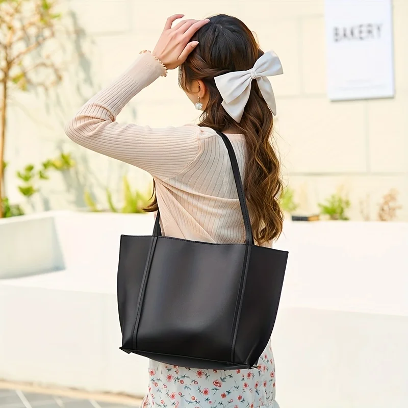 Set di borse nere da donna da 2 pezzi, borsa di grande capacità, chiusura magnetica, borsa tote retrò versatile, borse a tracolla casual quotidiane - immagine 6