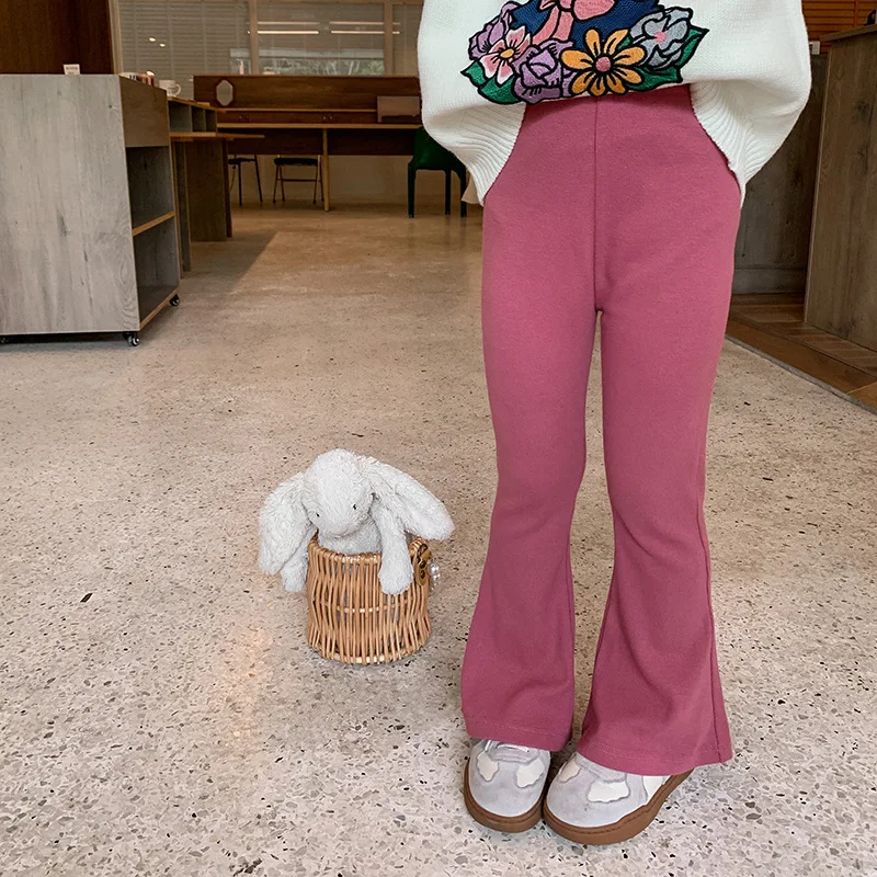 

Осень 2023, однотонные универсальные расклешенные брюки для девочек 2-8 лет, Детские хлопковые Облегающие расклешенные брюки