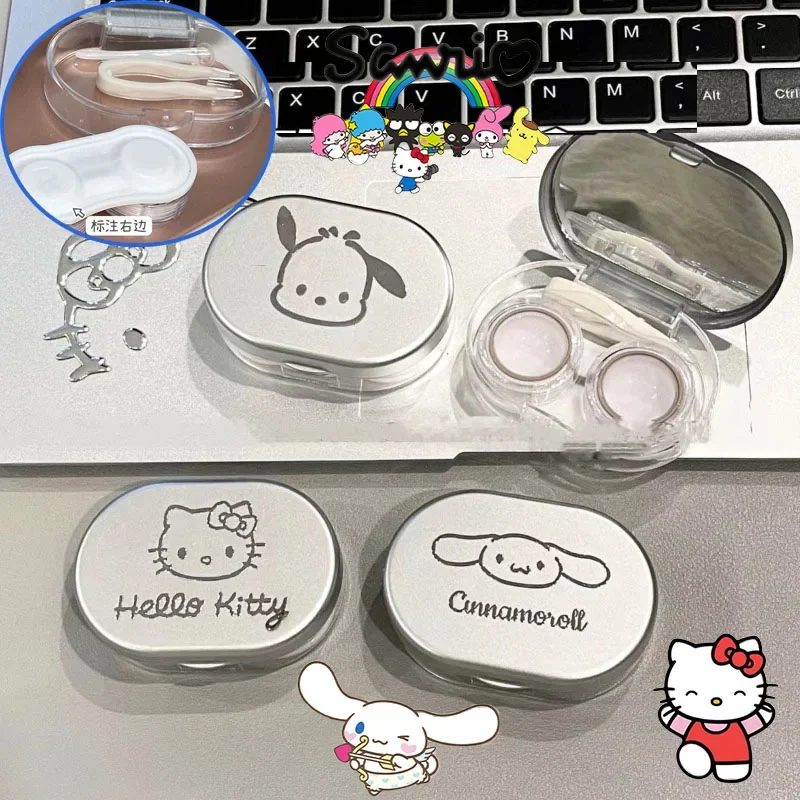 Sanrio-caja de almacenamiento de lentes de Hello Kitty, bonita caja de lentes de contacto con espejo, contenedor de lentes de colores para el cuidado de los ojos de niño y niña