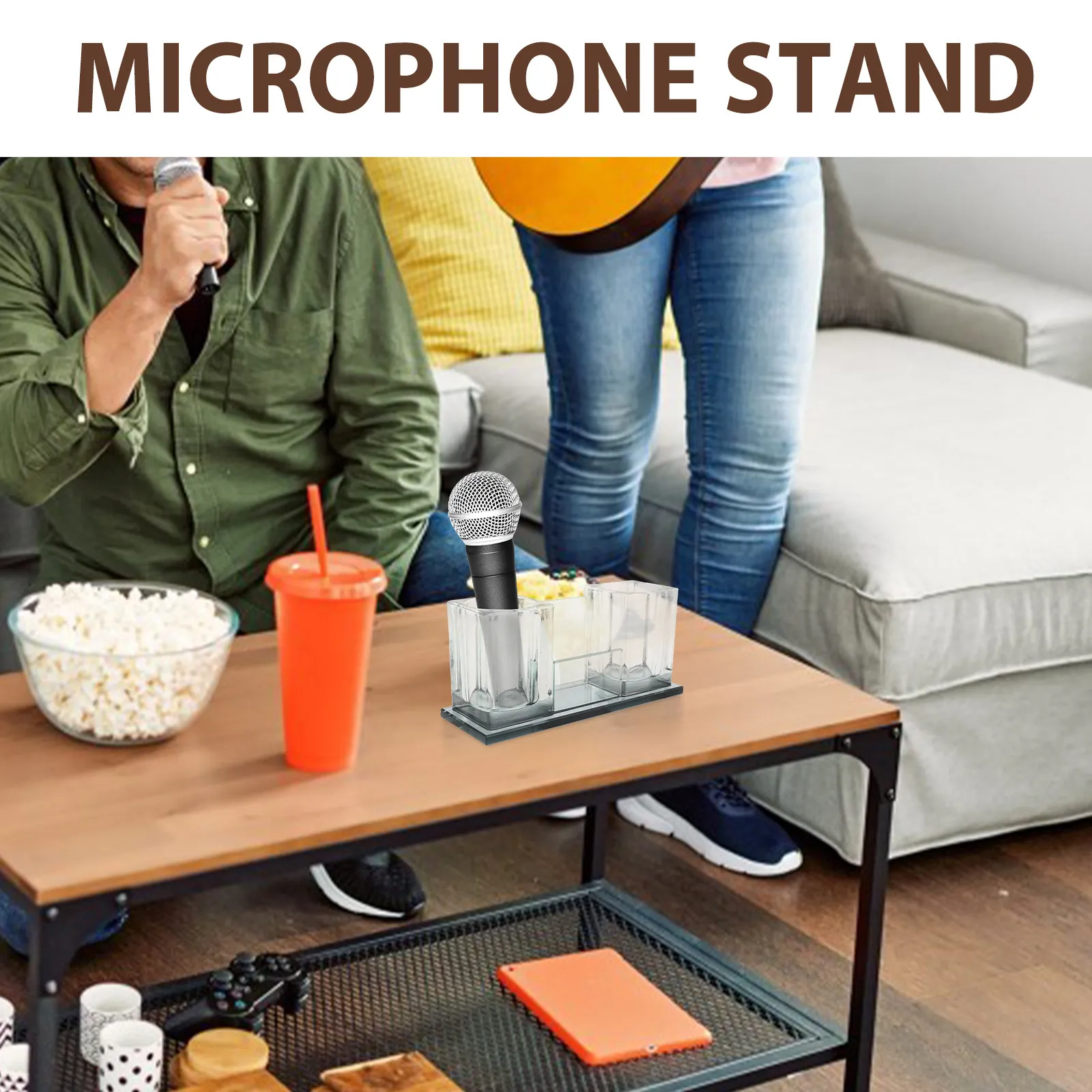 안정적인 2슬롯 아크릴 데스크탑 마이크 스탠드, 헤비 베이스 마이크 홀더 (사무실, 가정, 스튜디오, 테이블탑 무선/유선 마이크용)