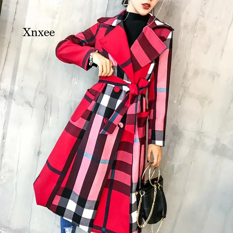 

Thickened Autumn and Winter New Women's Lapels In The Long Simple Color Matching Retro Plaid Coat Temperament Windbreaker