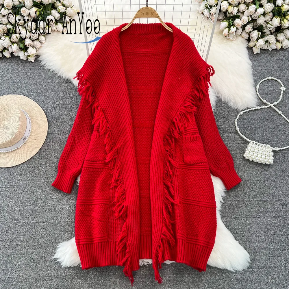 

Autumn Winter Knitted Women's Sweater Casual Loose Long Cardigan Sweater Coat Tassel Vintage Streetwear Cardigan For Women