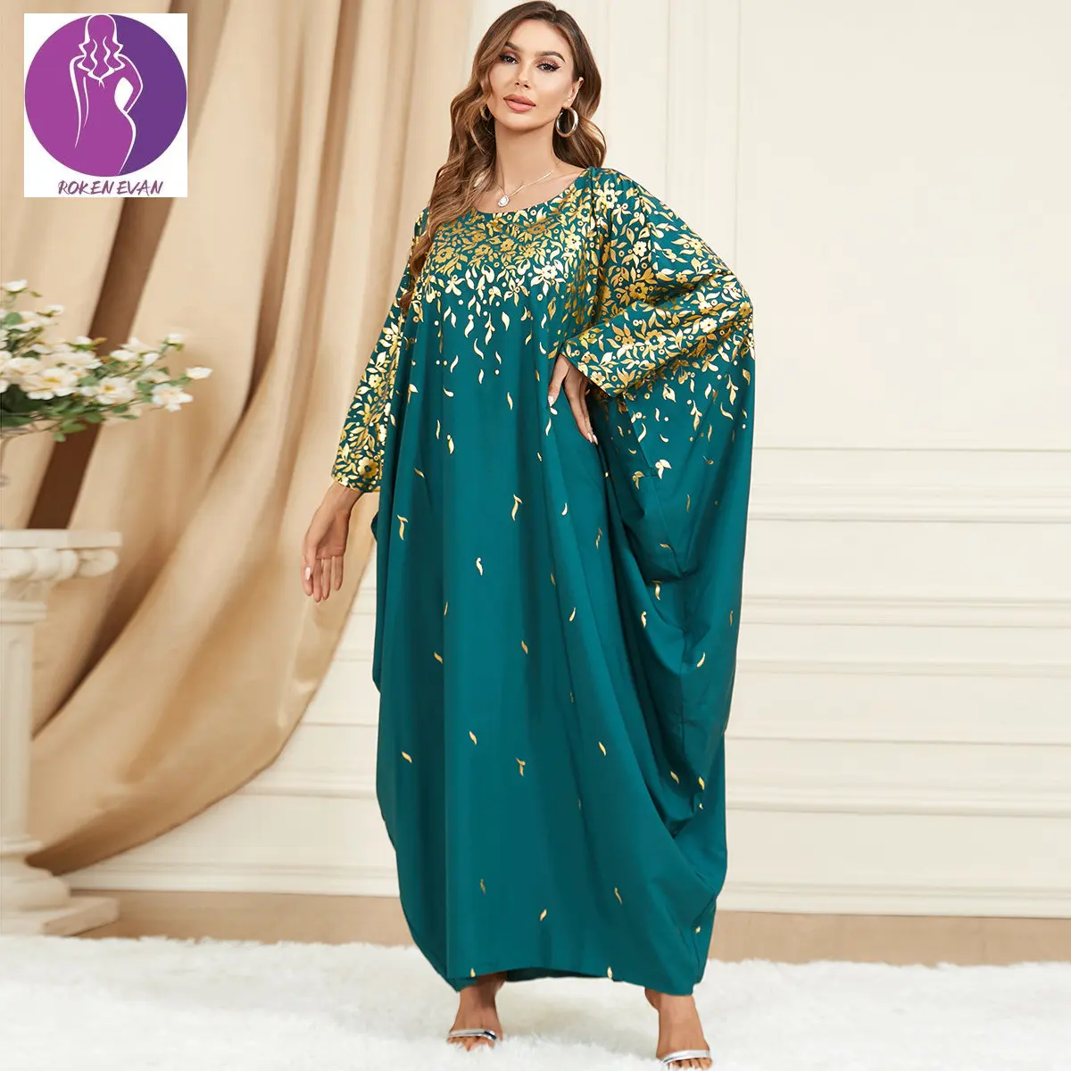 

ROKEN EVAN 2023 Muslim Arabic Loose Elegant Green Bat Abaya Maxi Dress Kaftan