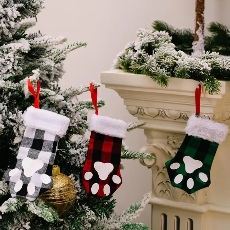 40ja Weihnachten süß für Katzenpfoten Plaid Stocking Anhänger Baumdekor Gefüllte Geschenkverpackung für Kinder Süßigkeiten – Detail 10