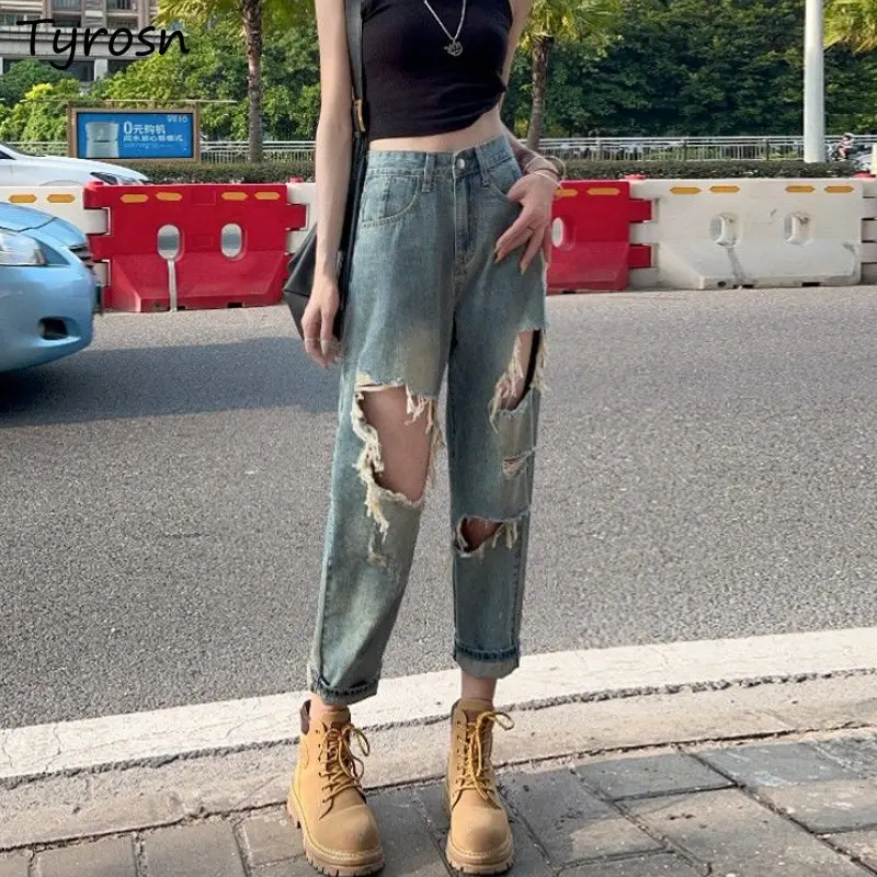 

Ankle-length Jeans Women Design Do Old Fashion Hole Leisure Straight Summer High Waist Vintage Korean Style Daily Streetwear New