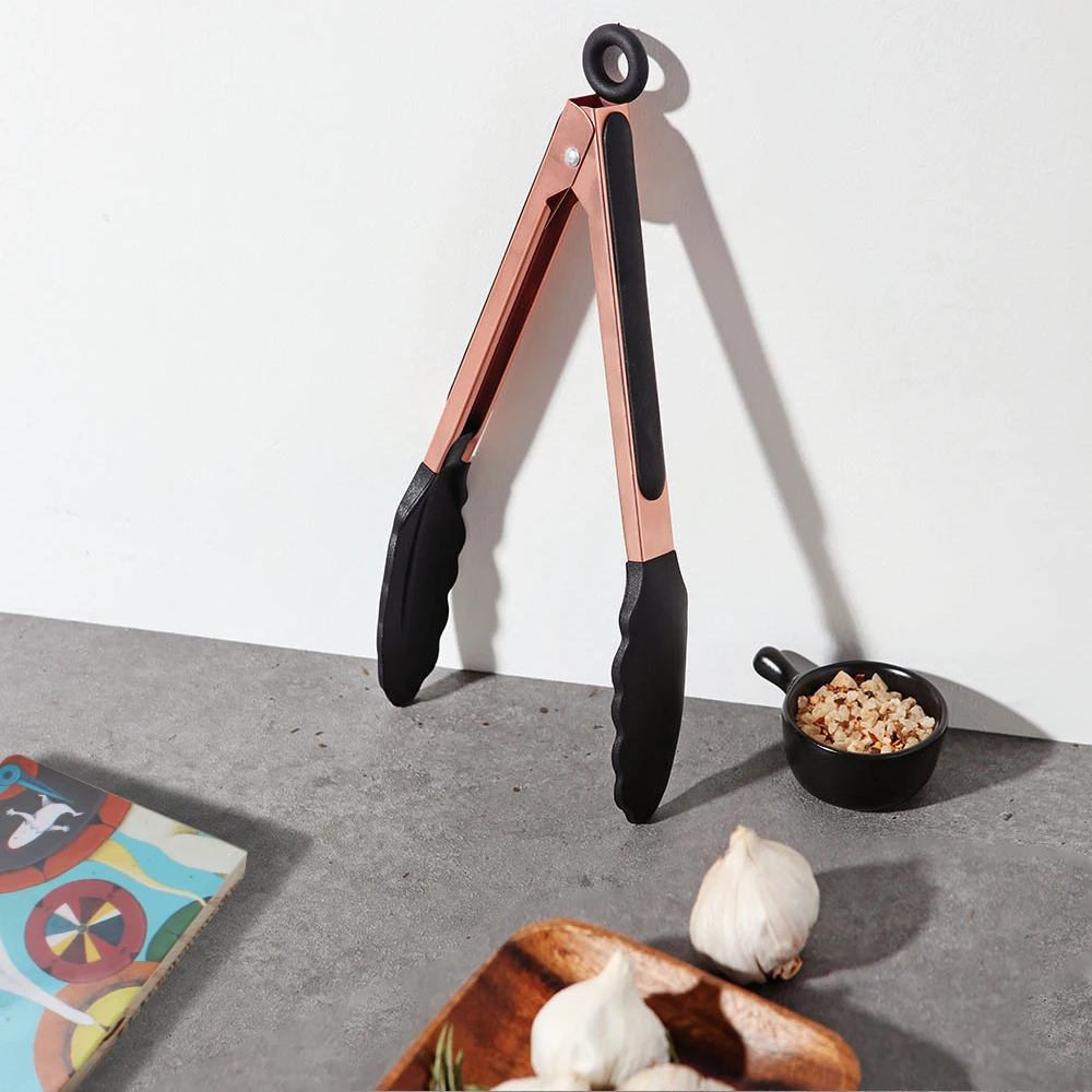 Rose Gold Kitchen Utensils Set Silicone Turner Tongs & Whisk Heat Resistant Gold-plated Stainless Steel Handle Cooking BBQ
