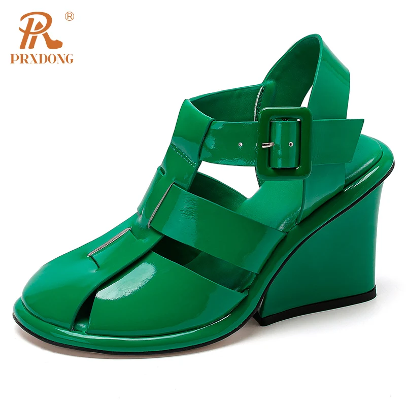 

PRXDONG 2024 New Spring Summer Sandals Quality Wedges High Heels Round Toe Black Green White T-strap Dress Party Lady Pumps 39