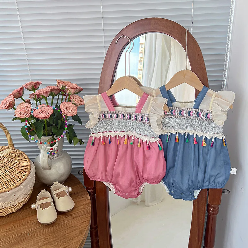

2023 Ethnic Style Summer Rompers For Baby Girls Kids Beading Lace Tassels Bohe Bodysuits Children Vintage Boutique Jumpsuits