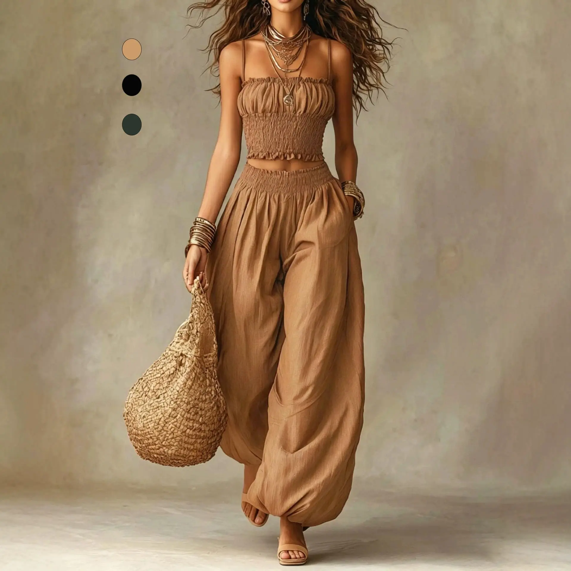 Ensemble 2 pièces tendance pour femme : Haut décontracté à fines bretelles et pantalon lanterne assorti – Tenue estivale 1