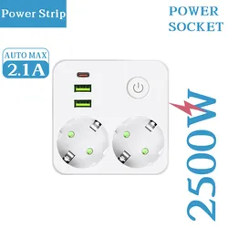 EU Plug Multitap Wall Power Strip with Dual USB and Type - C Ports, 2500W Max Power - White