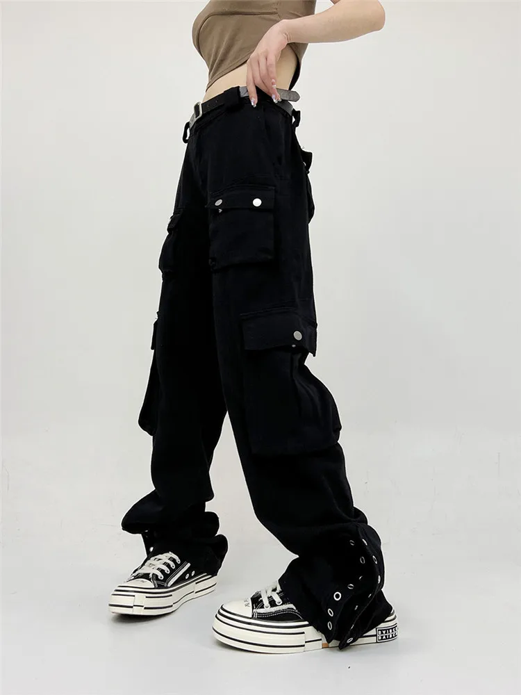 

M-2XL Hip Hop Street Pocket Overalls Spring And Autumn Straight Tube Vintage Black Jeans Women's Korean Version Simple Commuting