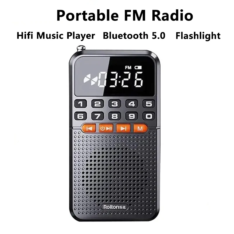Portable Radio Portable FM Mini Radio Dual Antenna Pocket Radio Receiver Bluetooth 5.0 Speaker TF Card Music Player with LED Flashlight