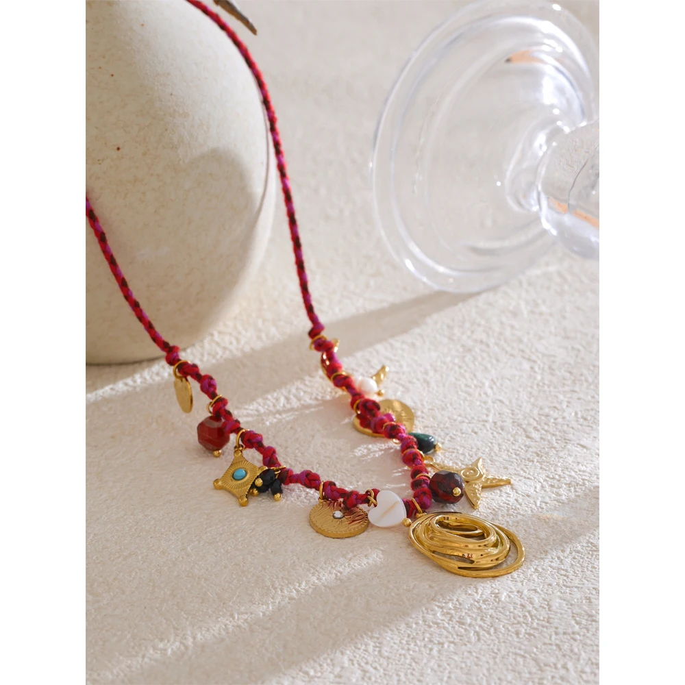 Yhpup Necklace Natural Stone Moon Star Stainless Steel