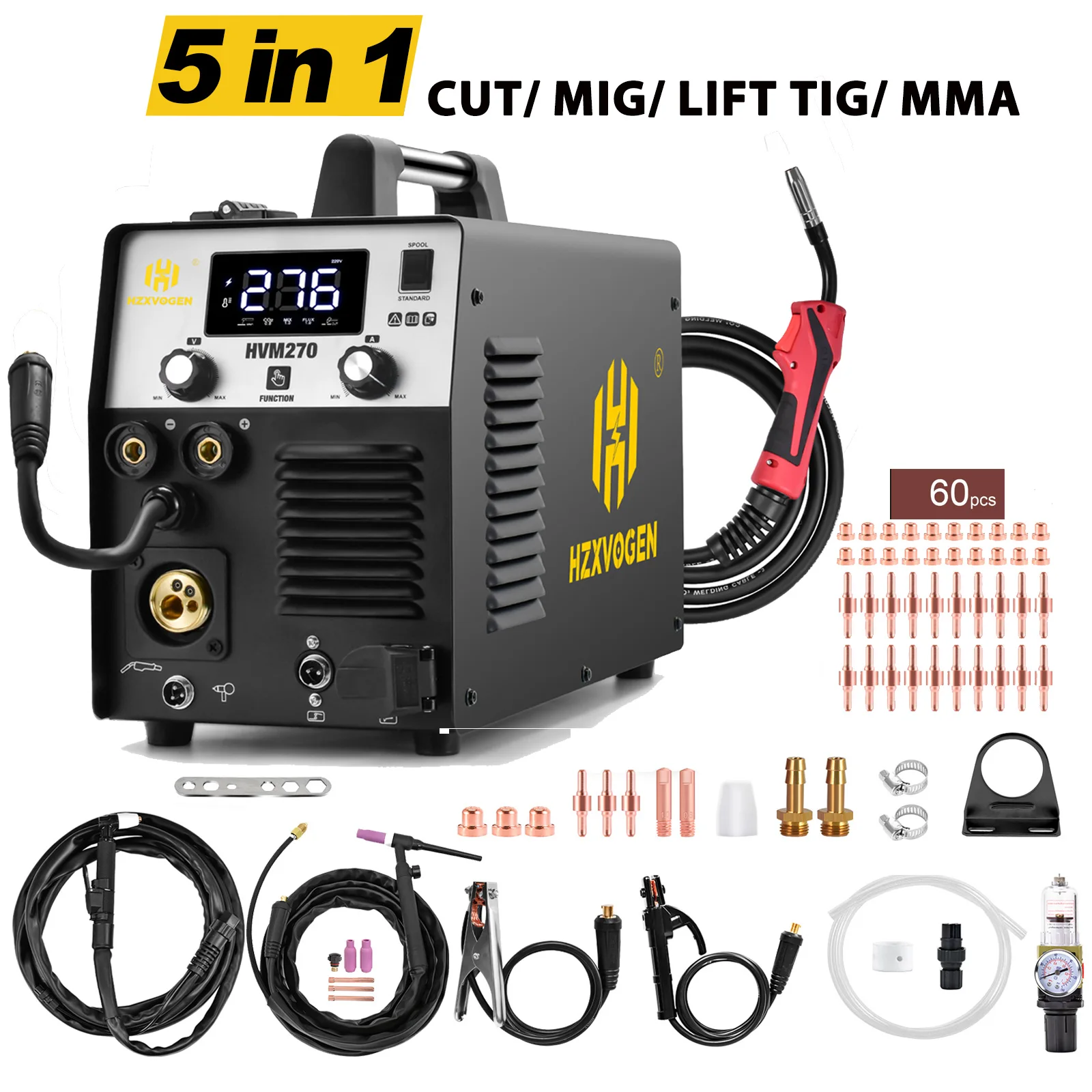 Hzxvogen 5 In 1 Plasma Cutter Welders Digital Screen 220V Cut/MMA/Gas/Non-gas Mig/Lift TIG Inverter Welding Machine 1/5 Kg Wire