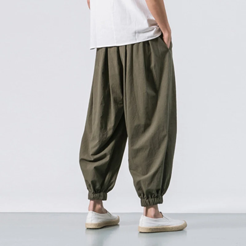 Cotton Linen Harem Pants Men Solid Elastic Waist Streetwear Joggers 2023 New Baggy Drop-crotch Pants Casual Trousers Men 2