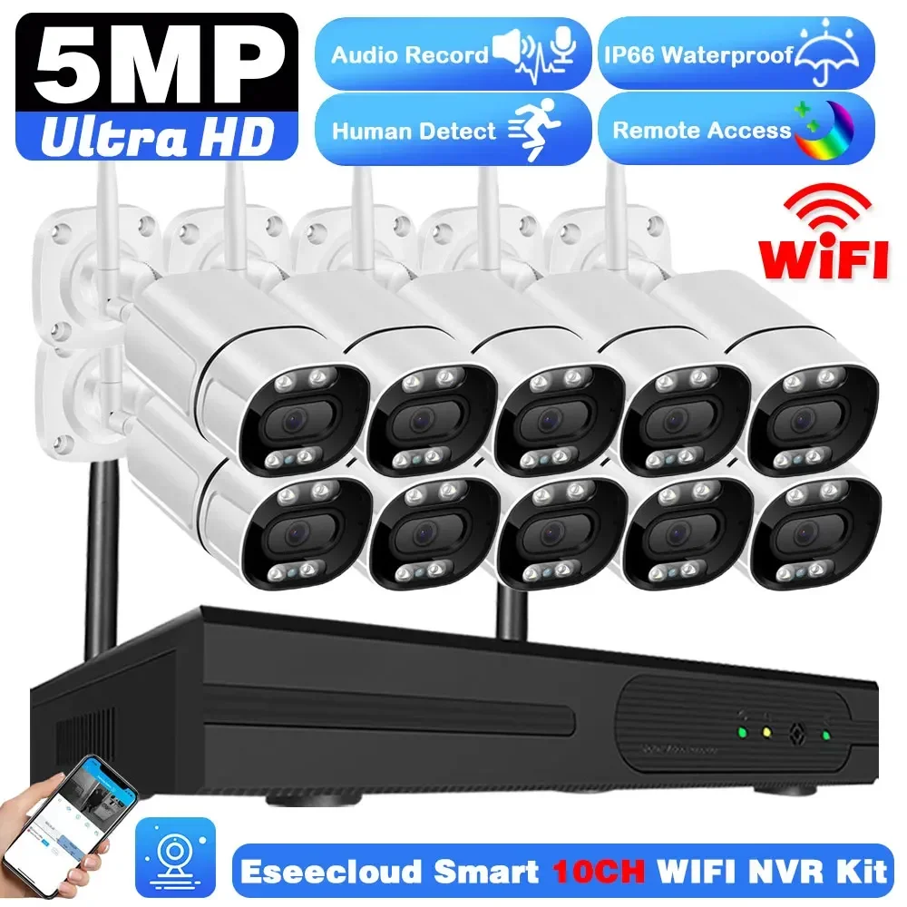 5MP Wireless WiFi Camera 2-Way Audio Full-Color System Outdoor Audio Video Recorder CCTV Cameras 10CH NVR Video Surveillance Kit